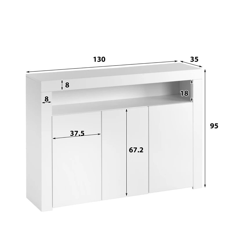 Madia vetrina laccata lucida, tre ante e ripiani regolabili, 130x35x95 cm, Bianco