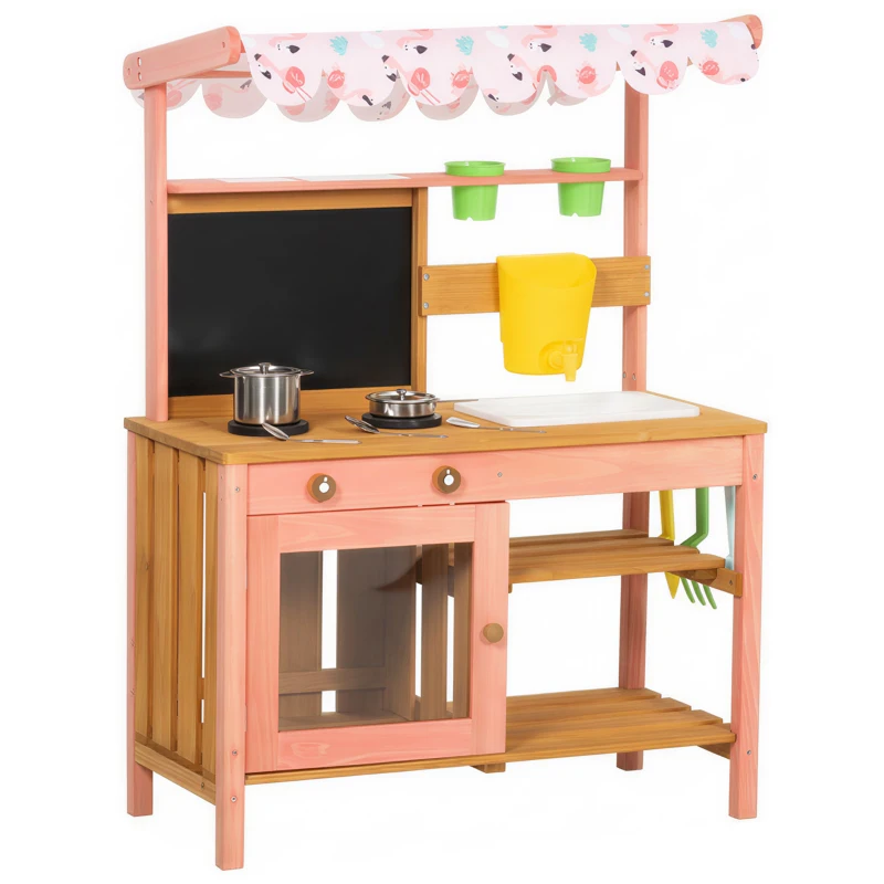 AIYAPLAY Kids Mud Kitchen with Canopy, Outdoor Wooden Play Kitchen with Planter Box, Accessories for Age 3-6, Pink