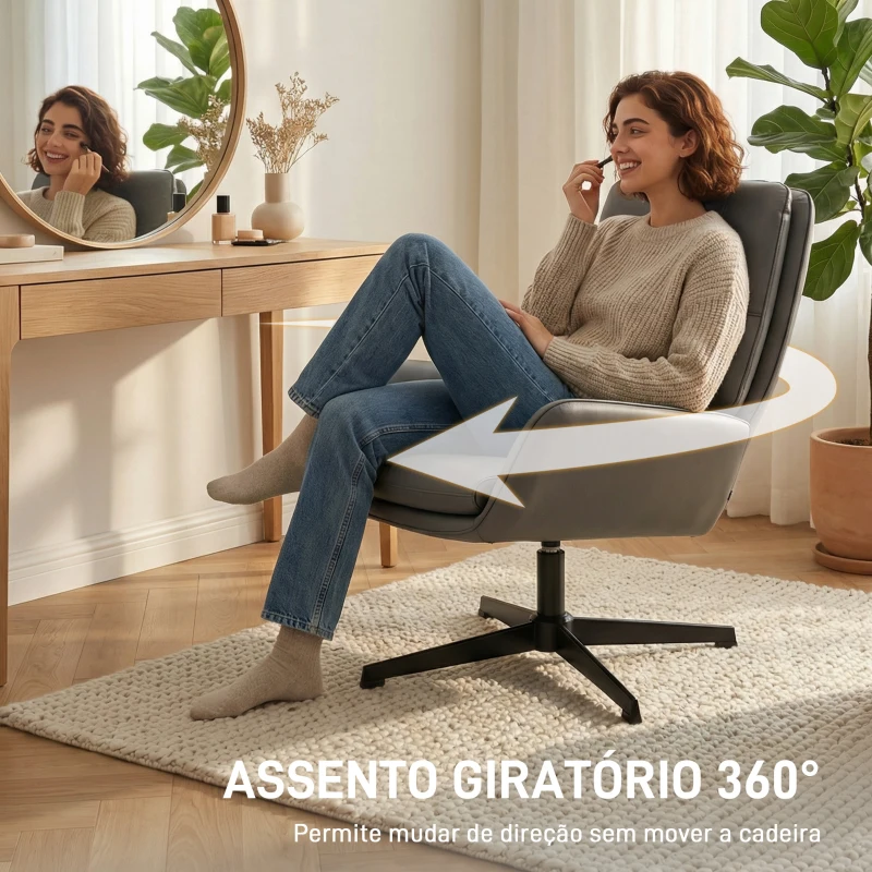 HOMCOM Poltrona de Sala Estofada em PU Poltrona de Leitura com Assento Acolchoado Apoios de Braços Pés Metálicos Cinzento