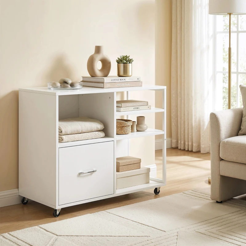 HOMCOM Móvel para Impressora com Rodas Móvel para Escritório com Prateleiras Abertas e Gaveta 80x40x65,5 cm Branco