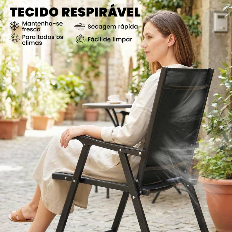 Outsunny Conjunto de 4 Cadeiras de Jardim para Exterior Dobráveis com Encosto Alto e Apoios de Braços para Terraço e Praia 58x62x97 cm Preto
