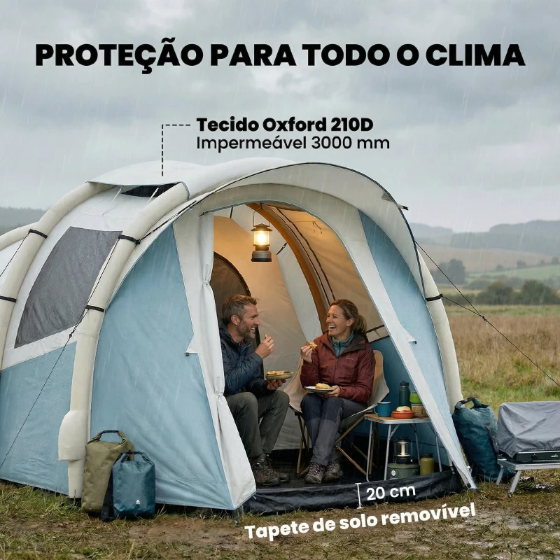 Outsunny Tenda de Campismo Insuflável 2-3 Pessoas com Bomba Quarto e Área de Estar Impermeável 3000 mm Montagem Rápida Azul Claro