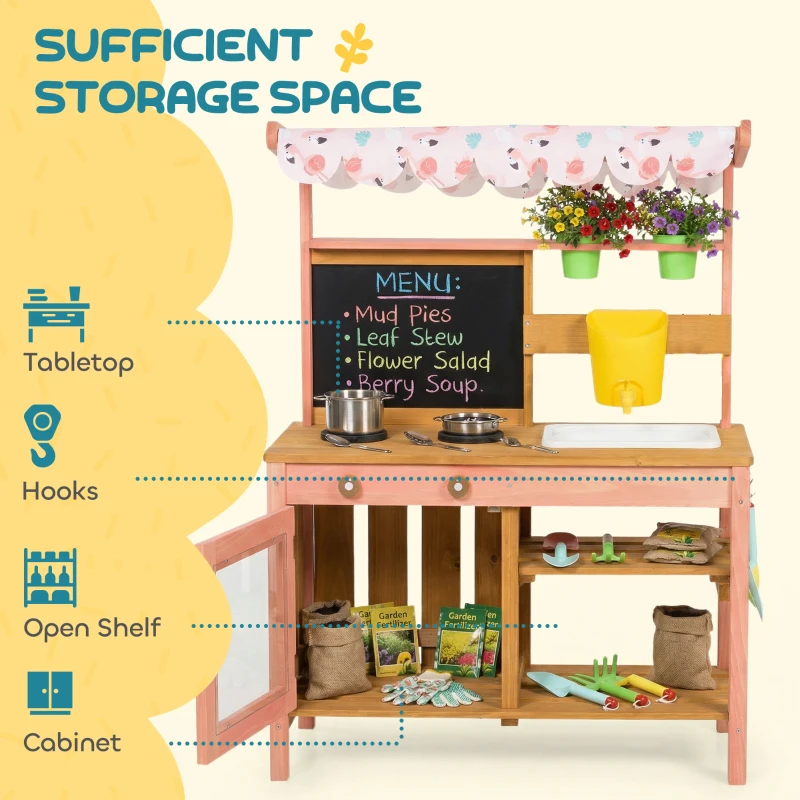 AIYAPLAY Kids Mud Kitchen with Canopy, Outdoor Wooden Play Kitchen with Planter Box, Accessories for Age 3-6, Pink