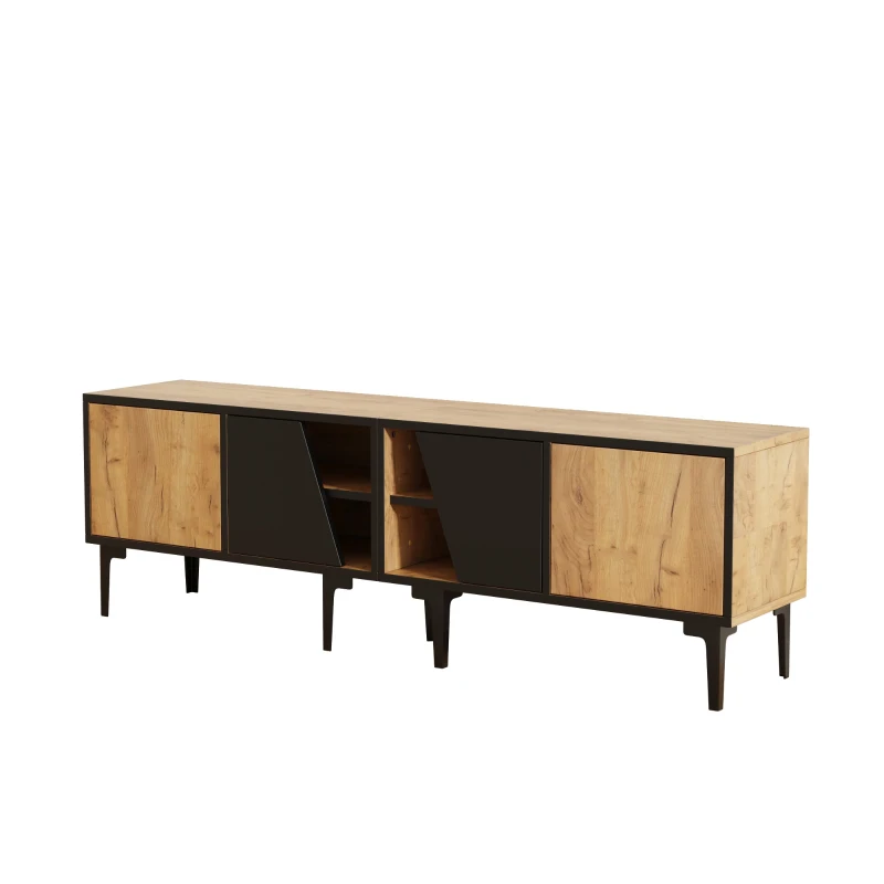 Mobile TV basso con 4 ripiani e 7 piedini, 160x36.5x45 cm, Color legno e Nero