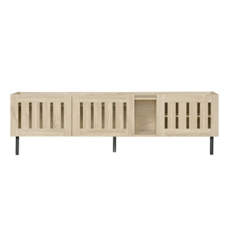 Mobile basso con ante a lamelle, foro passacavi e gambe in metallo, 160x40x47 cm, Color legno