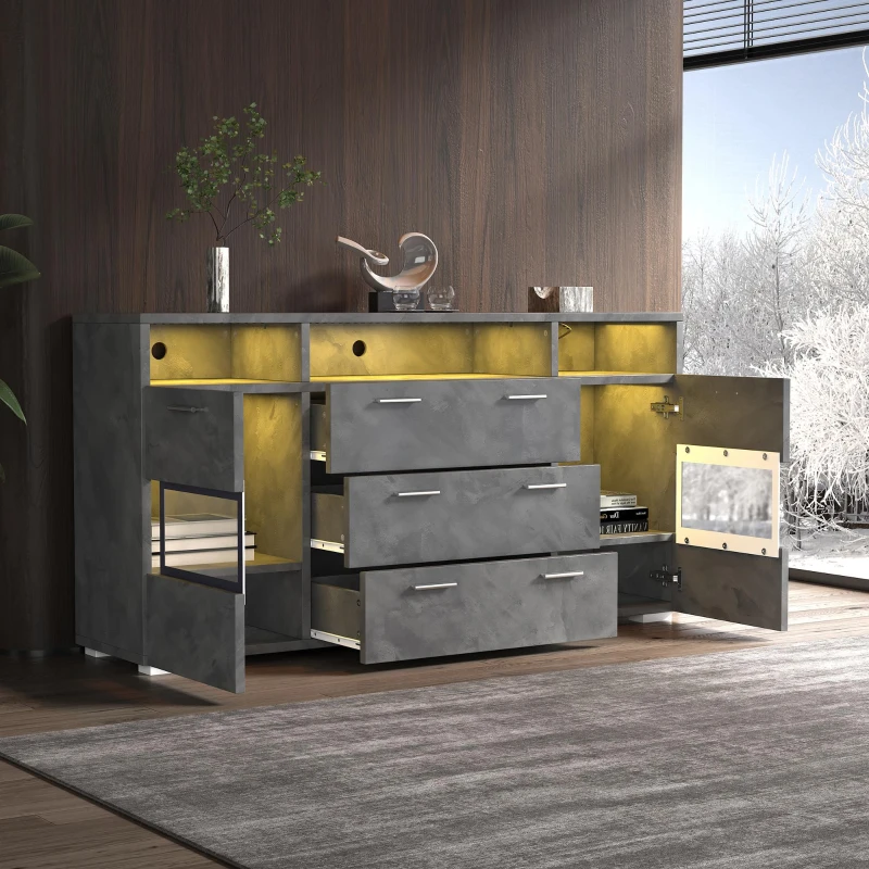 Credenza moderna, 3 cassetti e 3 vani a giorno, 140L x 33,5P x 72,5A cm, Grigio