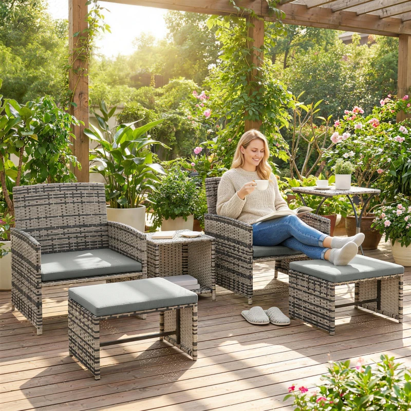 Outsunny 6 Piece Rattan Garden Furniture, Space-Saving Patio Furniture Set with Nesting Tables, Chairs, Stools, Cushions, Grey