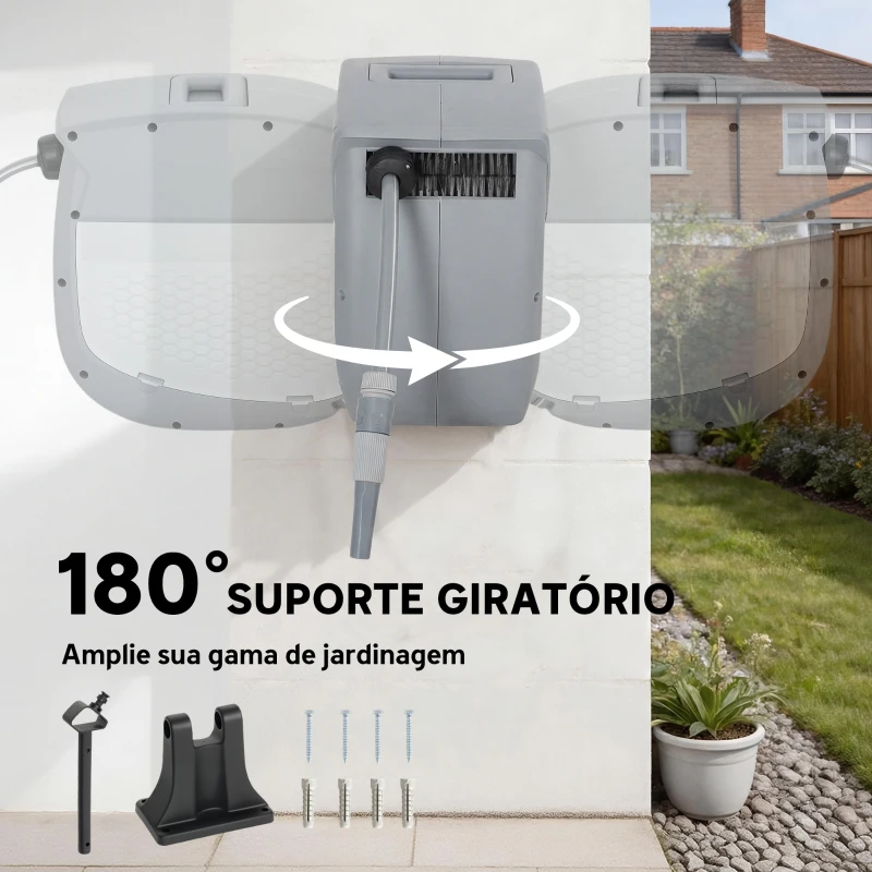 Outsunny Carretel de Mangueira para Jardim 20+1,9 m com Bico de 2 Modos Bloqueio Automático e Retracção Suporte Orientável 180° Cinza
