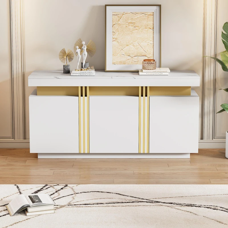 Madia moderna a 3 ante con 6 ripiani regolabili, 140x38x70 cm, Bianco