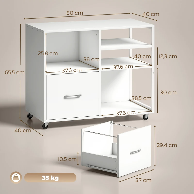 HOMCOM Móvel para Impressora com Rodas Móvel para Escritório com Prateleiras Abertas e Gaveta 80x40x65,5 cm Branco