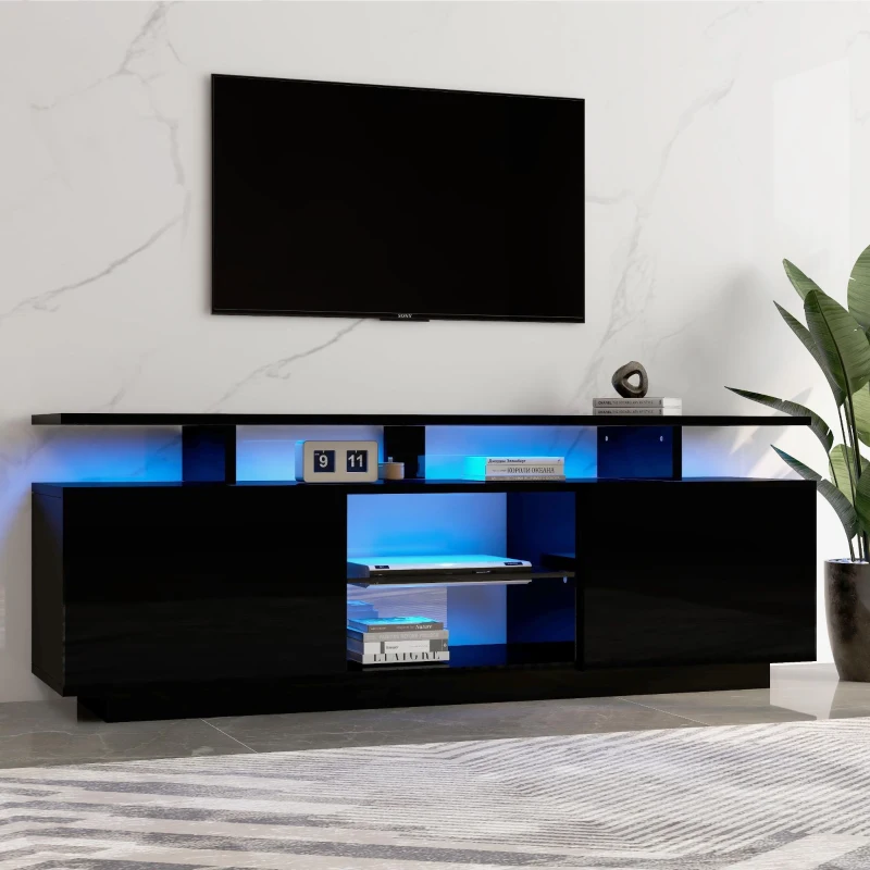 Mobile TV a 5 ripiani aperti con strisce LED autoadesive, 140x35x55 cm, Nero