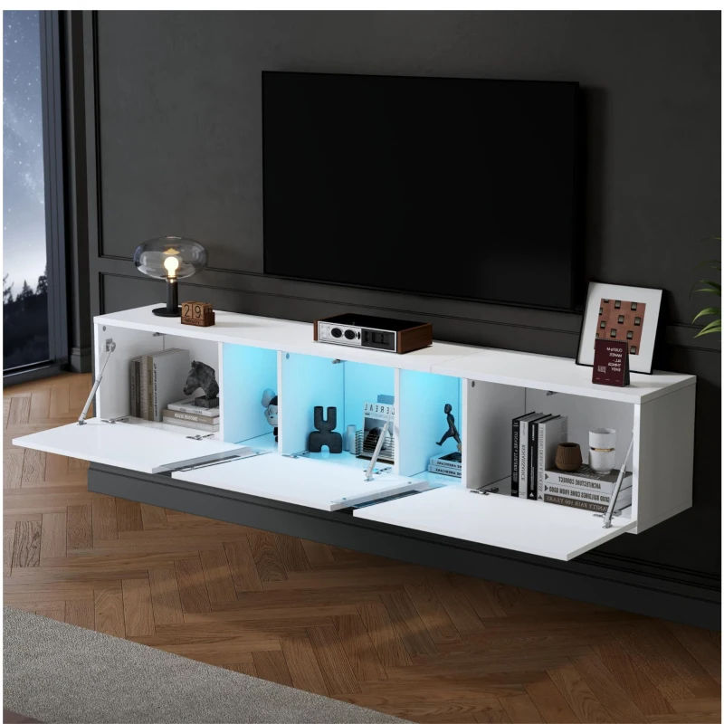 Mobile TV montato a parete con striscia LED, design sospeso, 180x35x30 cm, Bianco