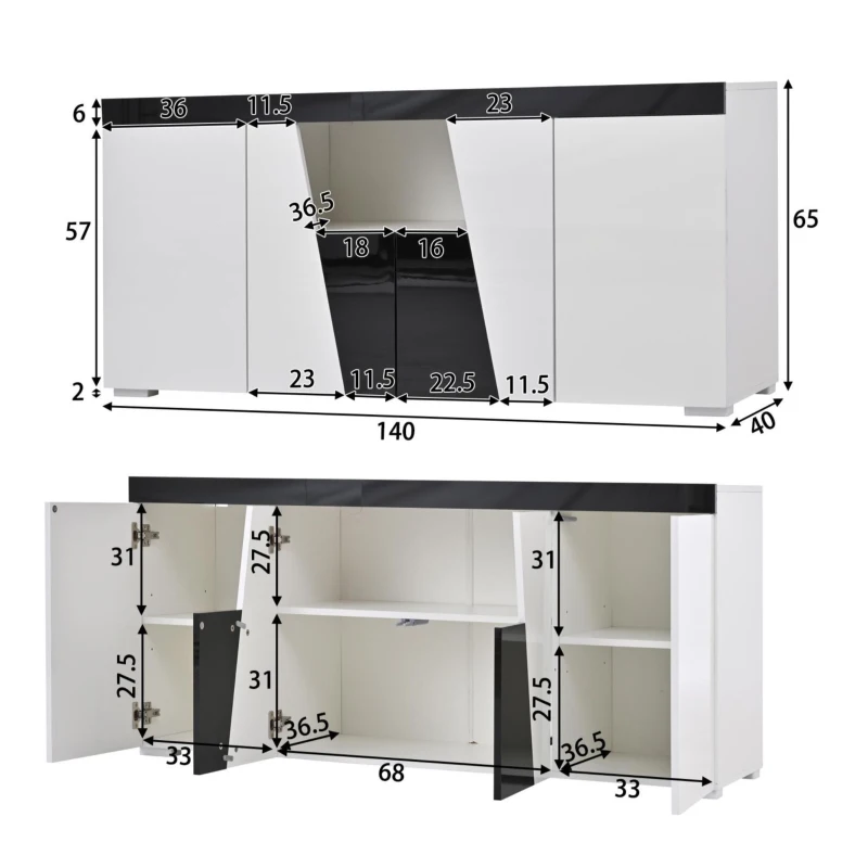 Madia per soggiorno, ante centrali smussate, 140x40x65 cm, Bianco+Nero