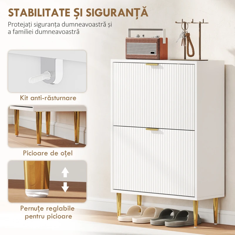 HOMCOM Dulap Slim pentru 12 Perechi de Pantofi, cu 2 Sertare Rabatabile și Rafturi Reglabile, 60x24x91.5 cm, Alb