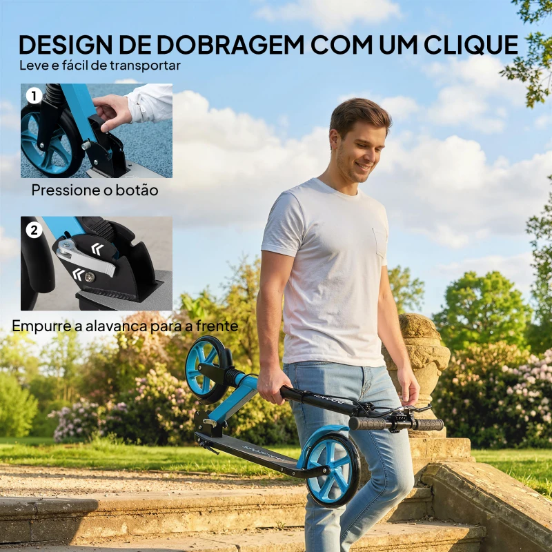 HOMCOM Trotinete Dobrável com Guiador Ajustável, Rodas Grandes de 200 mm, Amortecimento e Travão, Carga Máxima de 100 kg, 91,5 x 36,5 x 91-104 cm, Azul
