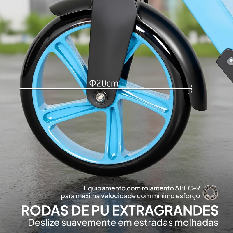 HOMCOM Trotinete Dobrável com Guiador Ajustável, Rodas Grandes de 200 mm, Amortecimento e Travão, Carga Máxima de 100 kg, 91,5 x 36,5 x 91-104 cm, Azul