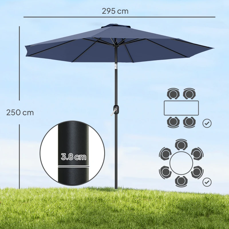 Outsunny 3 m Garden Parasol Umbrellas, Outdoor Sun Shade with 8 Ribs, Tilt and Crank Handle, Navy Blue