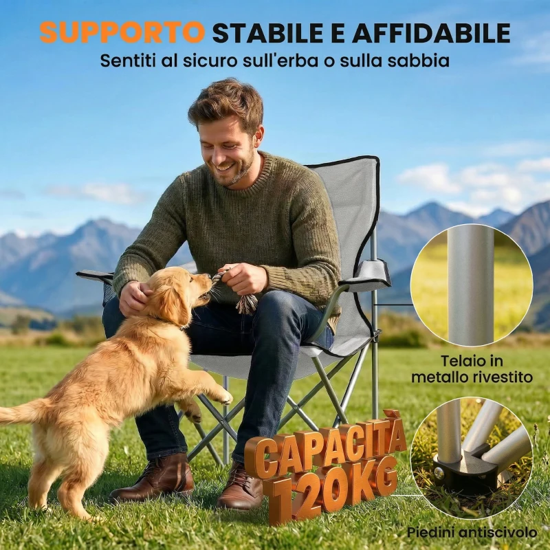 Outsunny Set di 2 Sedie da Campeggio con Schienale Alto in Metallo e Tessuto Oxford, Grigio