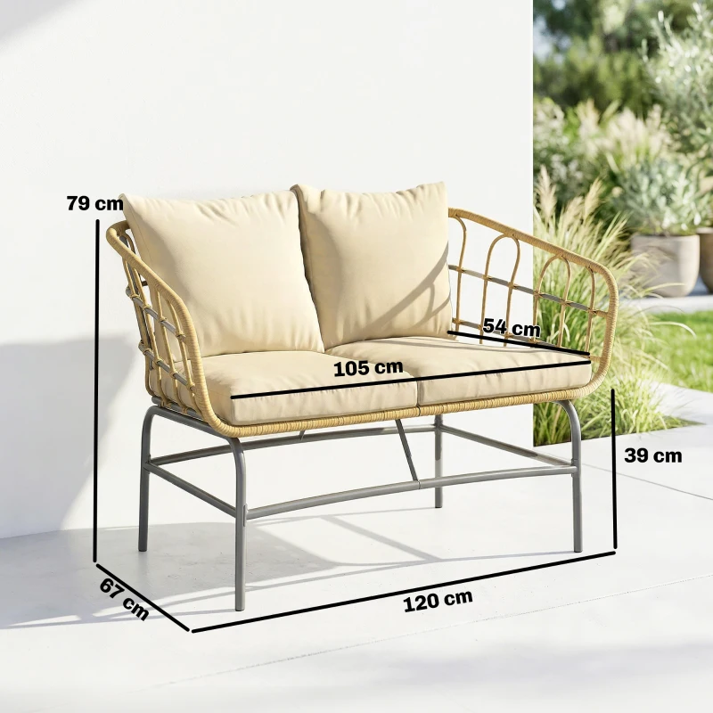 Outsunny Divano da Giardino 2 Posti in Resina Intrecciata con Cuscini Spessi, Antiscivolo, 120x67x79 cm, Marrone