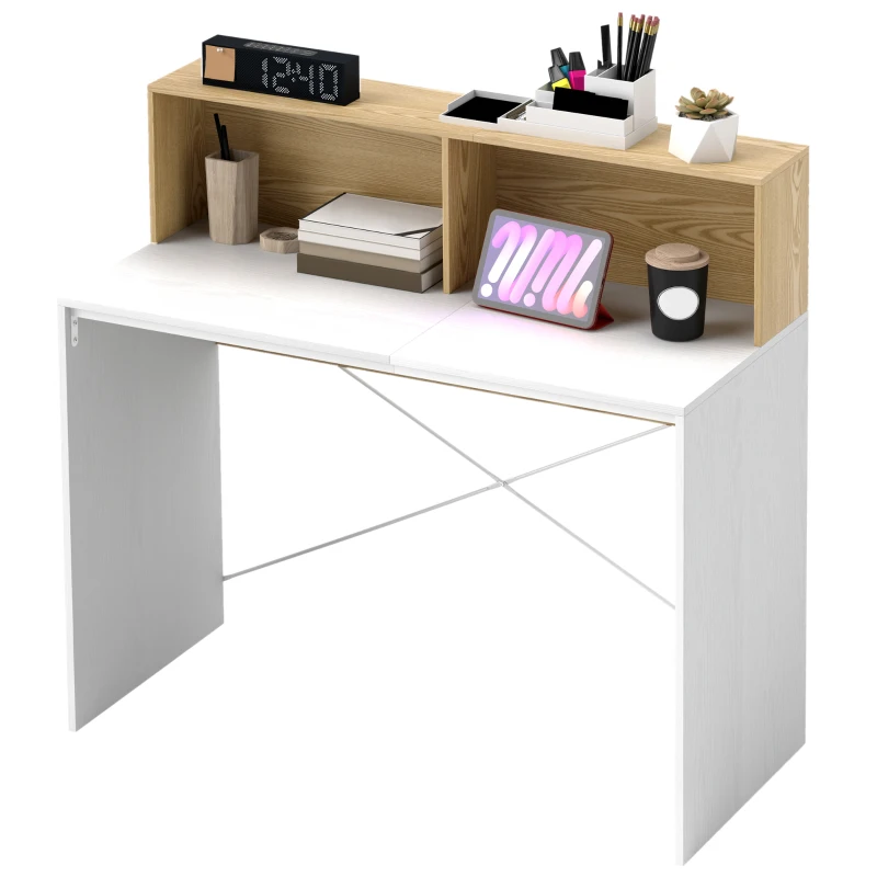 HOMCOM Secretária 110x50x102,6 cm Mesa de Escritório com 2 Compartimentos Abertos e Prateleira Branco e Madeira