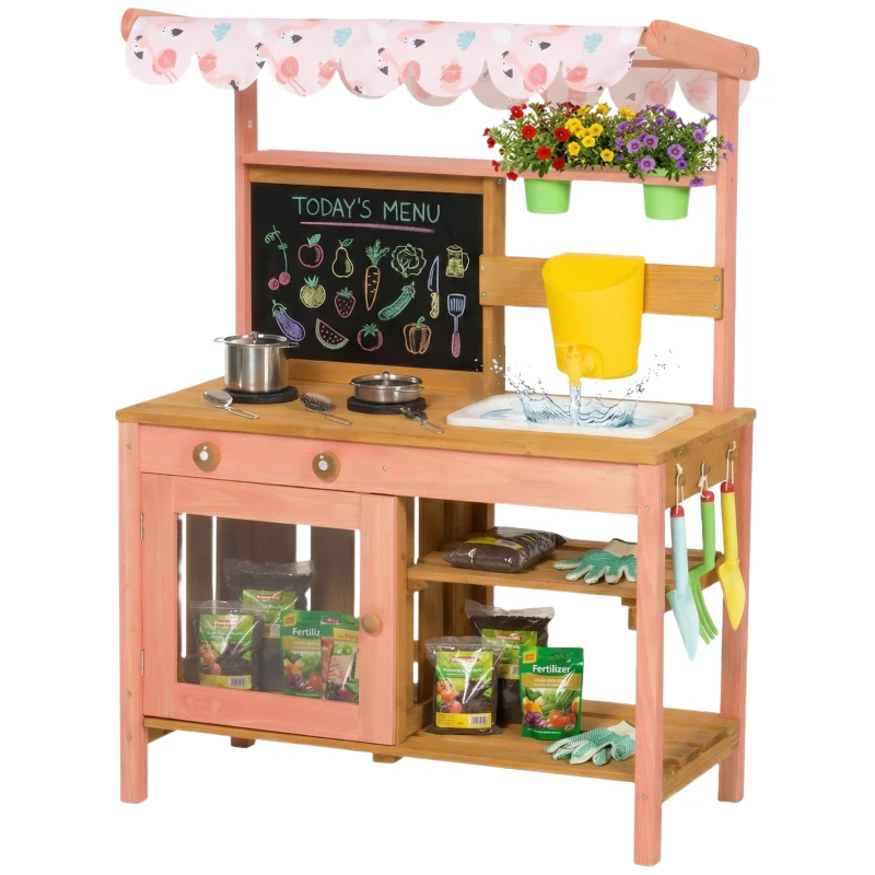 AIYAPLAY Kids Mud Kitchen with Canopy, Outdoor Wooden Play Kitchen with Planter Box, Accessories for Age 3-6, Pink