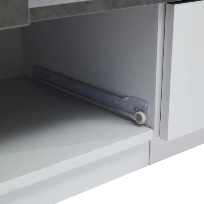 Mobile TV basso LED con illuminazione RGB, effetto marmo e ripiani in vetro, 180x40x45 cm, Grigio e Bianco