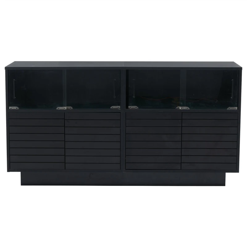 Credenza con illuminazione LED, frontale in vetro scorrevole dal movimento fluido, 130x35x68 cm, Nero