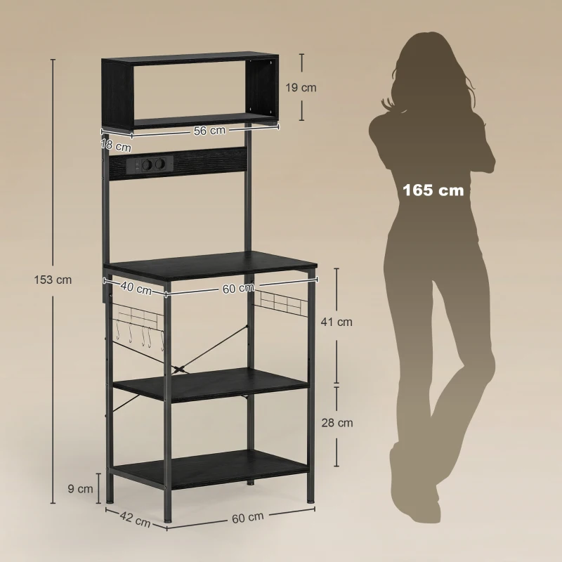 HOMCOM Estante de Cozinha com Tomada Múltipla para Micro-ondas com Prateleiras e Ganchos Estilo Industrial, Madeira e Aço, Preto