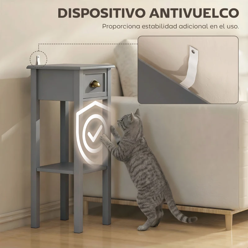 HOMCOM Mesa Auxiliar Estilo Moderno Mesita Auxiliar con Cajón y Estante de Almacenamiento 30x30x75 cm Gris