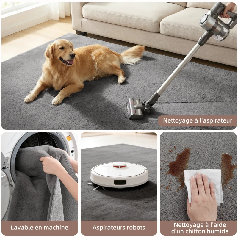 HOMCOM Tapis salon 160 x 120 cm tapis à poils longs, lavable en machine, antidérapant, en fausse fourrure, gris clair