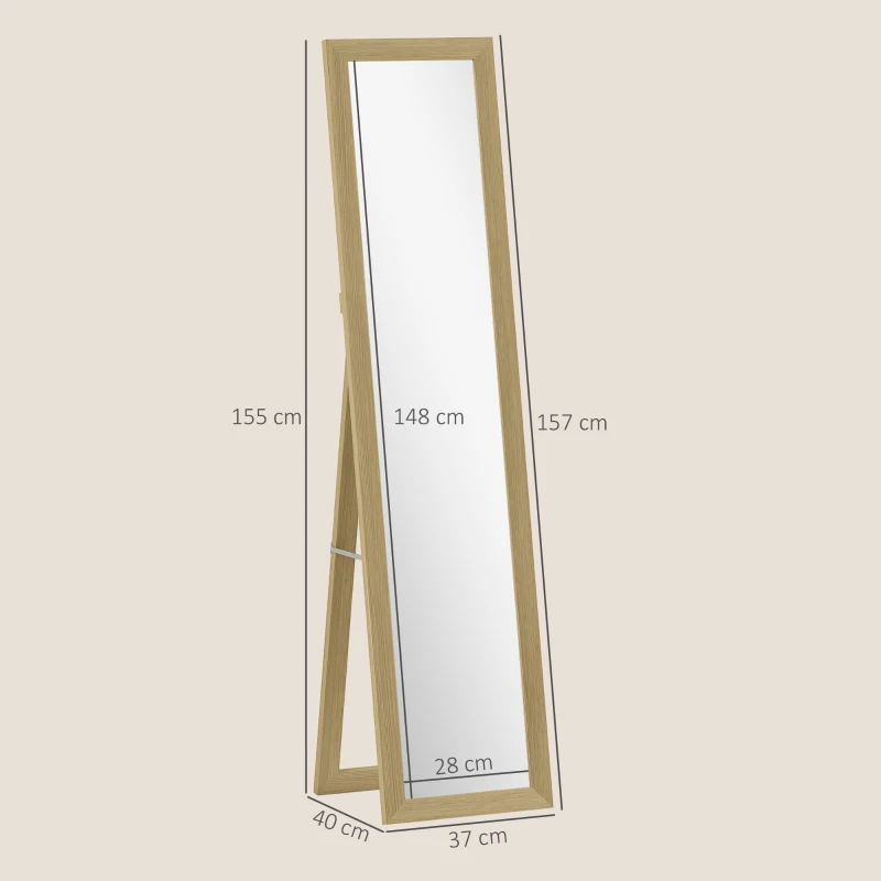 HOMCOM Espejo de Cuerpo Entero 157x37 cm con Marco de MDF Espejo de Pie Inclinado o Colgante Roble