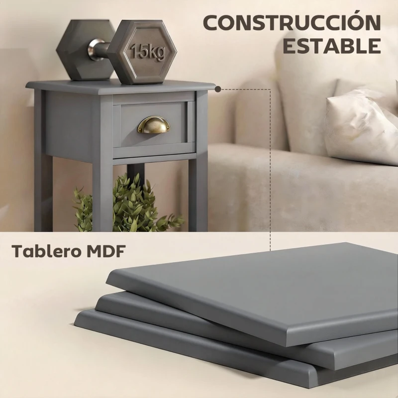 HOMCOM Mesa Auxiliar Estilo Moderno Mesita Auxiliar con Cajón y Estante de Almacenamiento 30x30x75 cm Gris