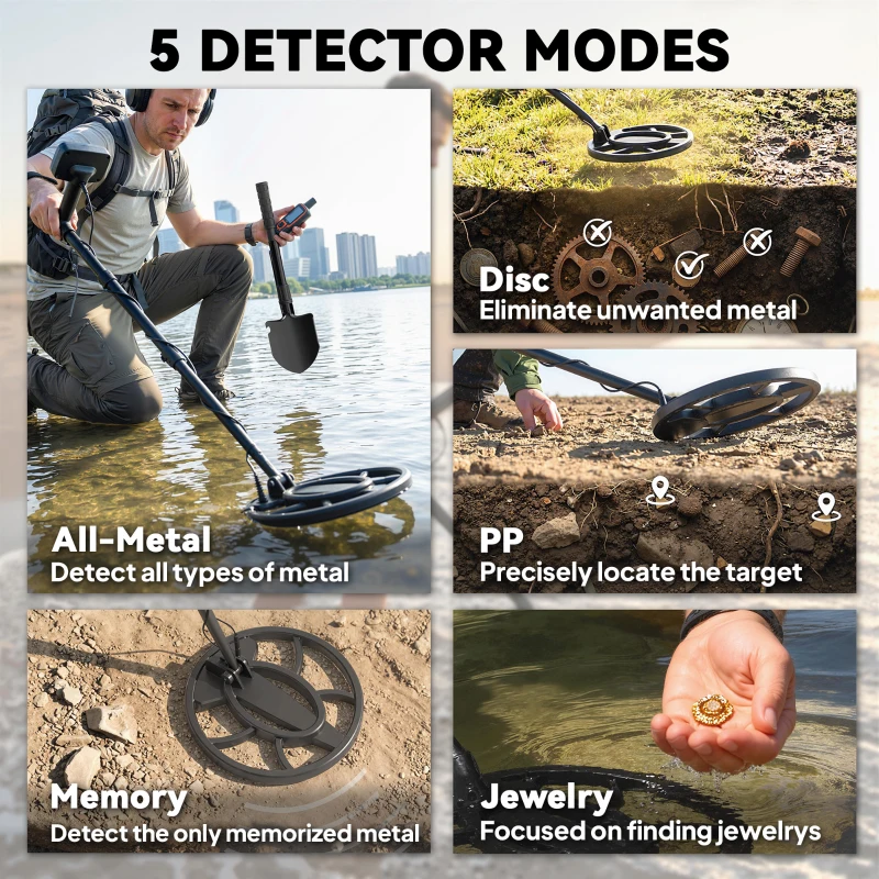 Outsunny Metal Detector for Adults, IP68 Waterproof Search Coil with LCD Display, 5 Modes Gold Detector with Carry Bag, Shovel