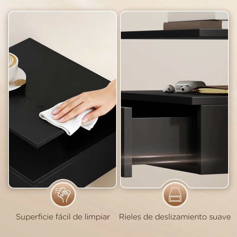HOMCOM Juego de 2 Mesitas de Noche Flotantes, Mesillas de Noche Dormitorio con Cajón, Estante Abierto, Ahorra Espacio, Diseño Moderno, para Sala de Estar, 35x32x22,5 cm, Negro