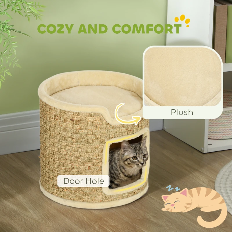 PawHut 37cm Cat Barrel Tower, Small Cat Tree for Indoor Cats with Plush Platform, Khaki