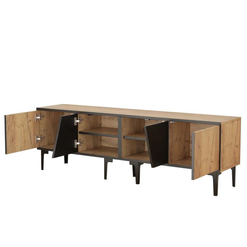 Mobile TV basso con 4 ripiani e 7 piedini, 160x36.5x45 cm, Color legno e Nero