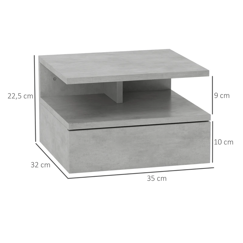 HOMCOM 2 Mesitas de Noche Flotantes con 1 Cajón y Estante Abierto Diseño Moderno 35x32x22,5 cm Gris