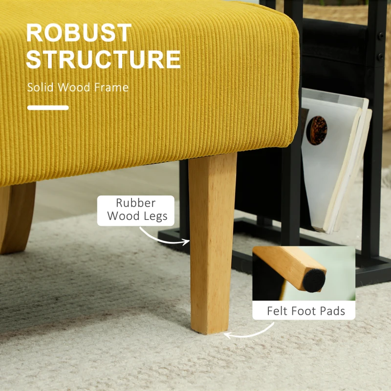 Sofa 2-osobowe, żółte, z drewnianymi nogami, styl cord