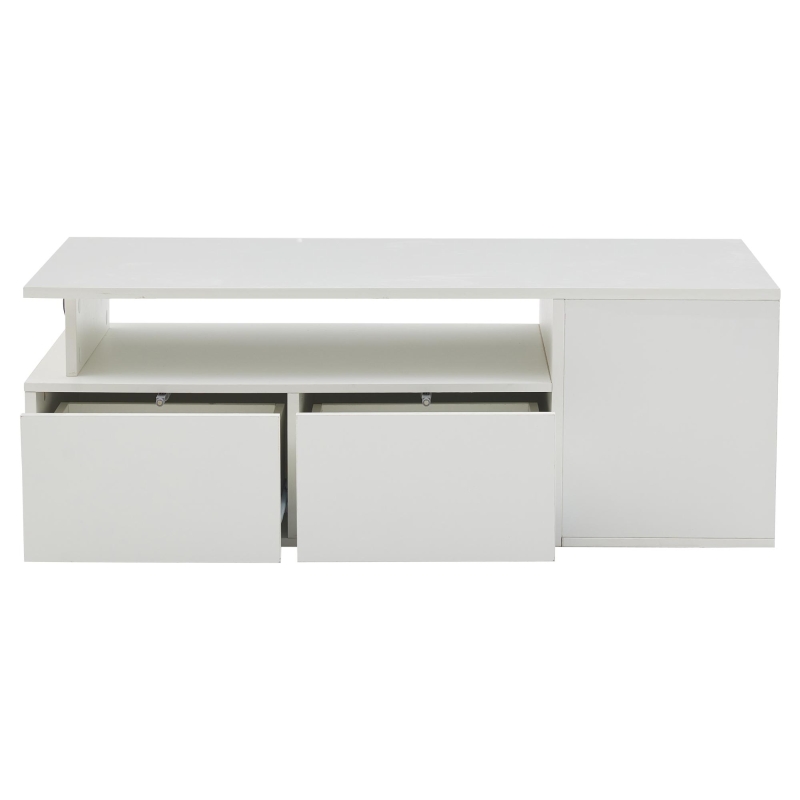 Tavolino da salotto a LED con 2 cassetti e ripiani semiaperti, 100x50x35 cm, Bianco