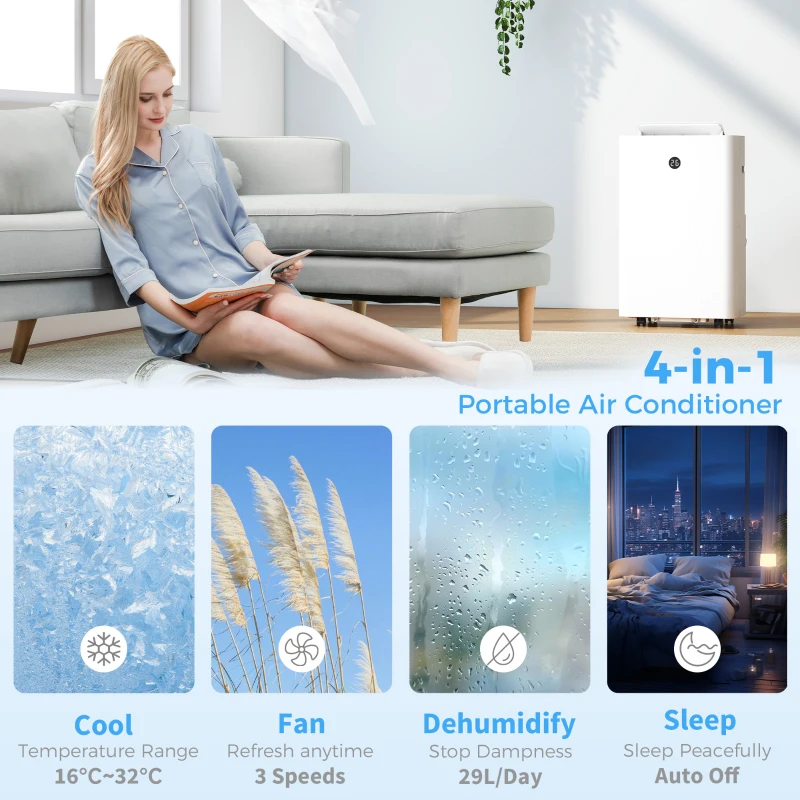 HOMCOM Draagbare Airconditioner met 12.000 BTU, 4-in-1 Airco met WiFi- en Spraakbediening, Koeling, Ontvochtiging, Ventilatie, Slaapmodus