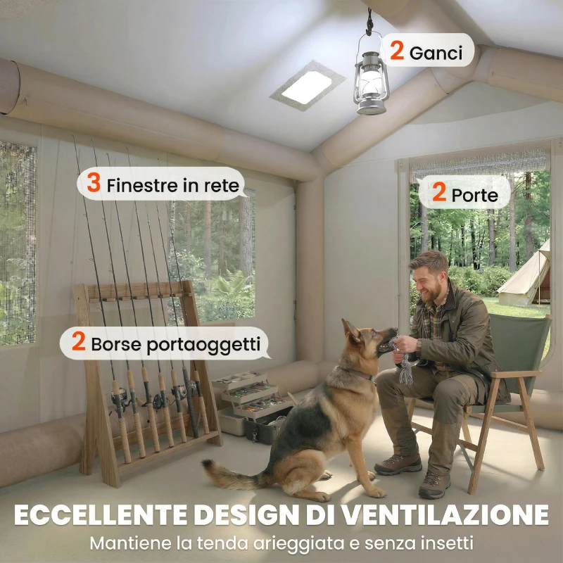 Outsunny Tenda Campeggio 4 Stagioni Gonfiabile, Impermeabile 3000mm con Pompa, 3.2x2.3x2 m, Kaki