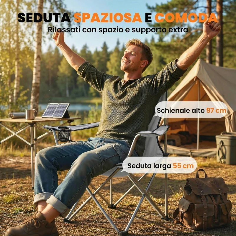 Outsunny Set di 2 Sedie da Campeggio con Schienale Alto in Metallo e Tessuto Oxford, Grigio