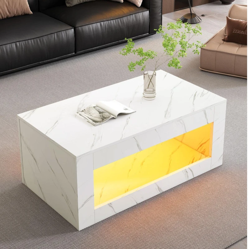 Tavolino moderno portaoggetti a LED effetto marmo, 100x50x50 cm, Bianco