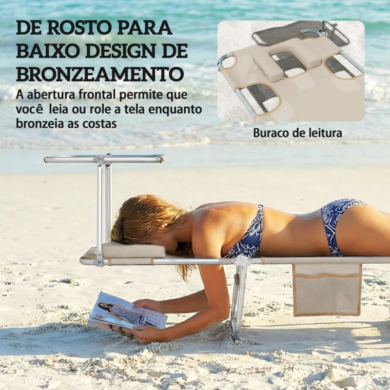 Outsunny Conjunto de 2 Espreguiçadeiras Dobráveis com Dossel 360° Encosto 5 Posições Orifício Facial e Textilene 550 g/m² 188x56x27 cm Bege
