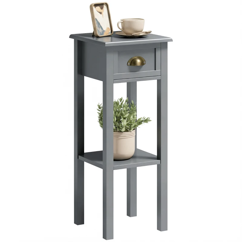 HOMCOM Mesa Auxiliar Estilo Moderno Mesita Auxiliar con Cajón y Estante de Almacenamiento 30x30x75 cm Gris