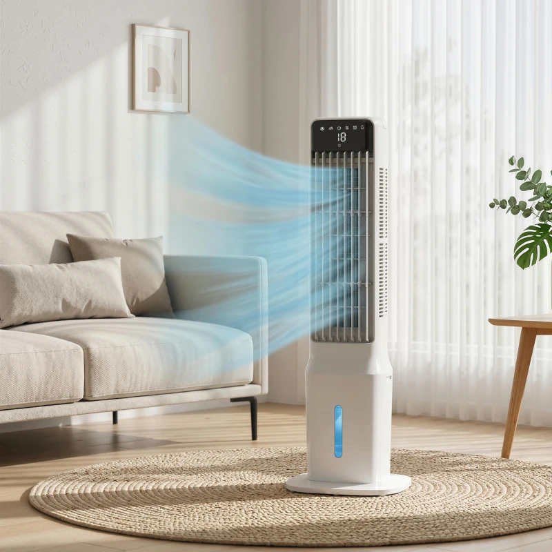 HOMCOM Ventilador Evaporativo de Torre 3 em 1 com Depósito de 9 L Oscilação 48° 3 Velocidades 3 Modos Temporizador Branco