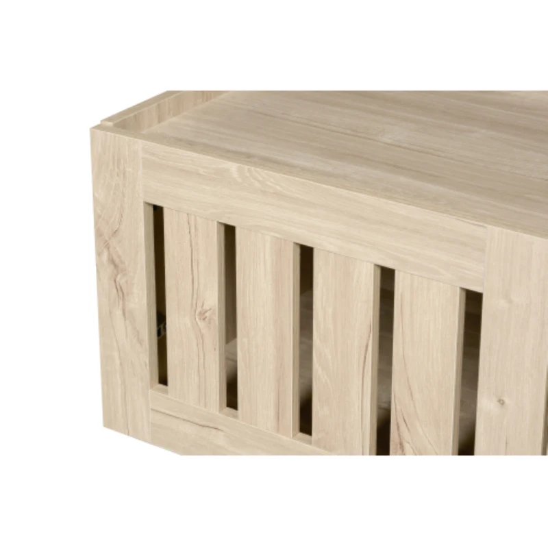 Mobile basso con ante a lamelle, foro passacavi e gambe in metallo, 160x40x47 cm, Color legno