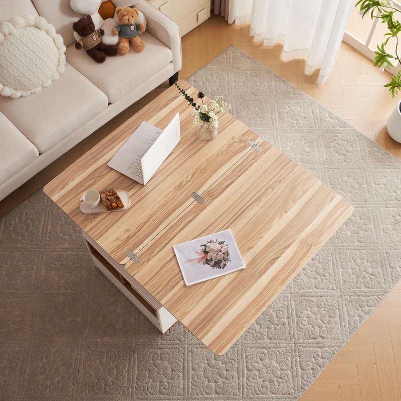 Tavolino multifunzione 2 in 1 regolabile in altezza con piano ribaltabile e vano portaoggetti, 100x51x47 cm, Bianco