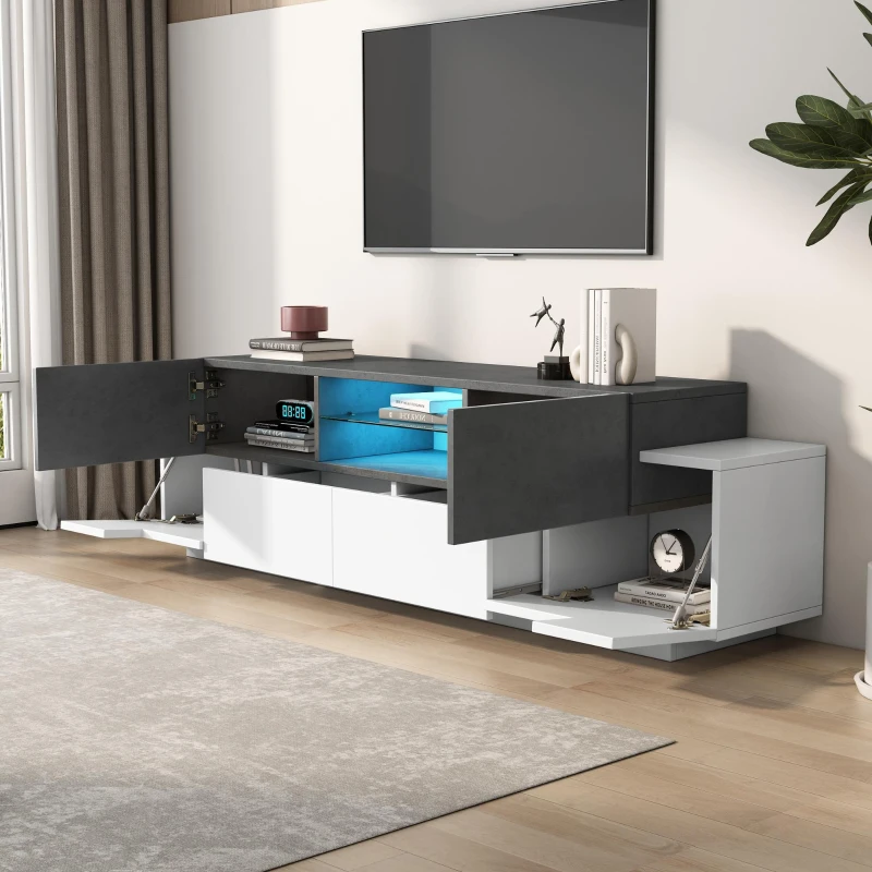 Mobile TV basso LED con illuminazione RGB, effetto marmo e ripiani in vetro, 180x40x45 cm, Grigio e Bianco