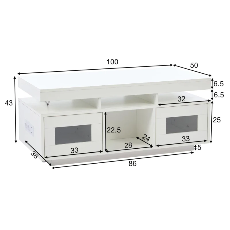 Tavolino da salotto a LED RGB con spazio portaoggetti aperto e chiuso, 100x50x43 cm, Bianco
